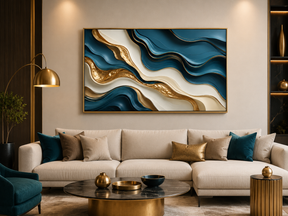 Quadro Decorativo Abstrato Ondas 3D Teal e Dourado