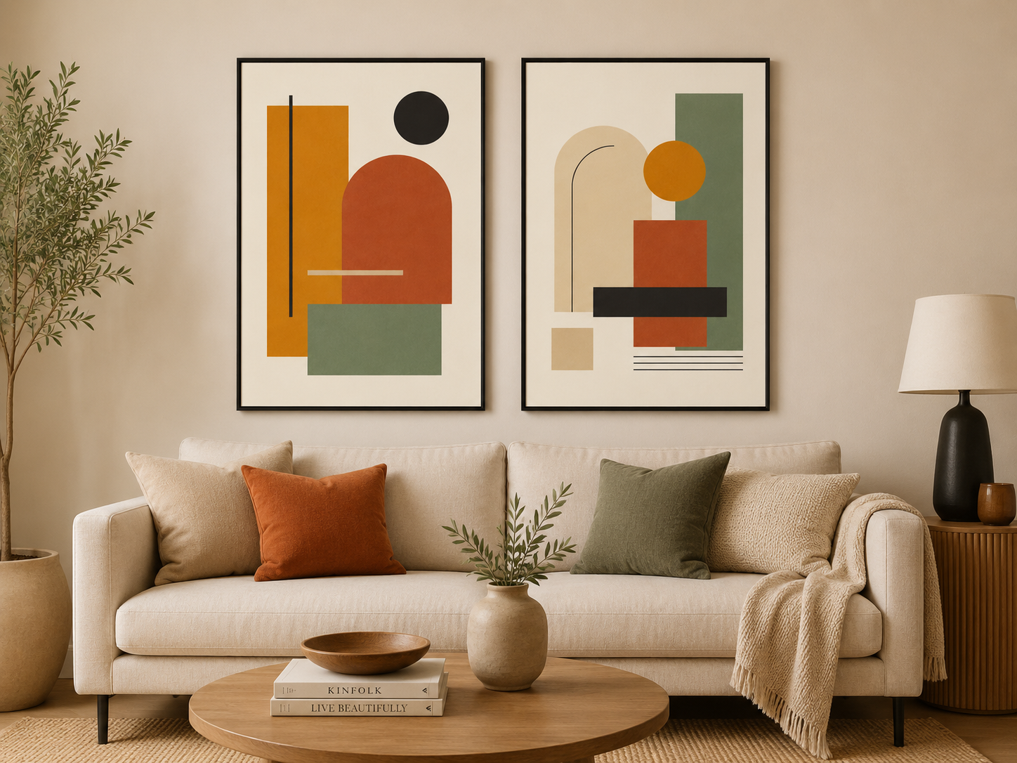 Kit Quadro Decorativo Abstrato Geométrico Boho Laranja e Verde Dupla
