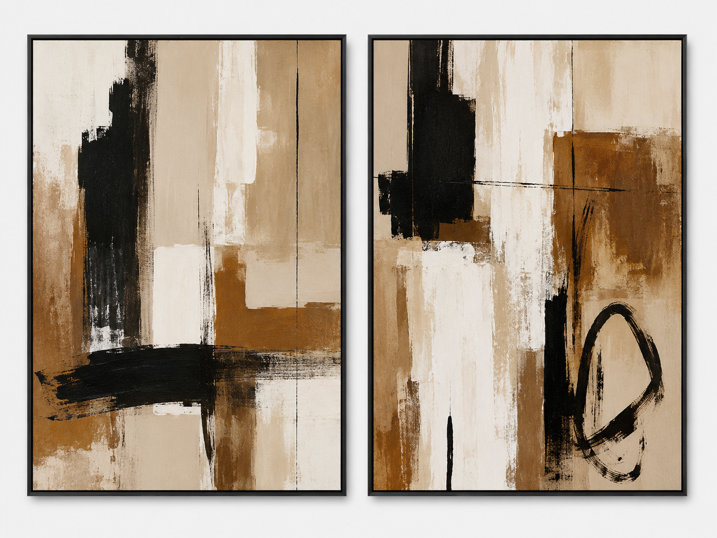 Kit Quadro Decorativo Abstrato Pinceladas Expressivas Preto e Castanho - Conjunto 2 Peças