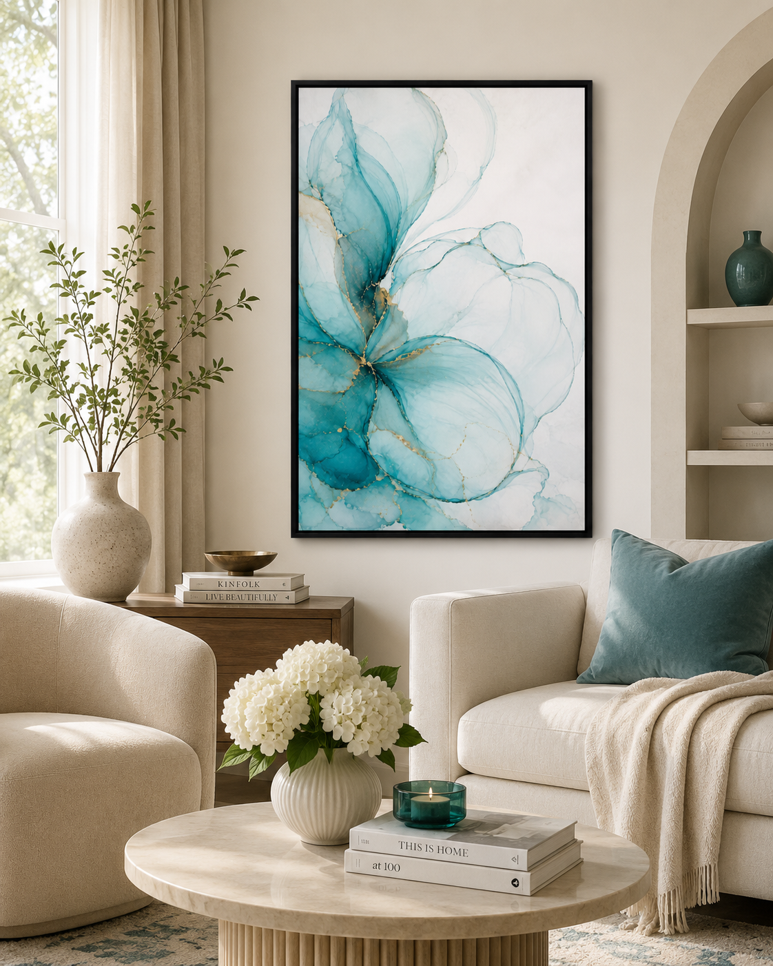 Quadro Decorativo Abstrato Florais em Teal Translúcido Alcohol Ink