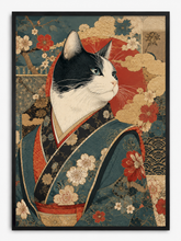 Quadro Decorativo Gato em Quimono Estilo Ukiyo-e Arte Pop Japonesa