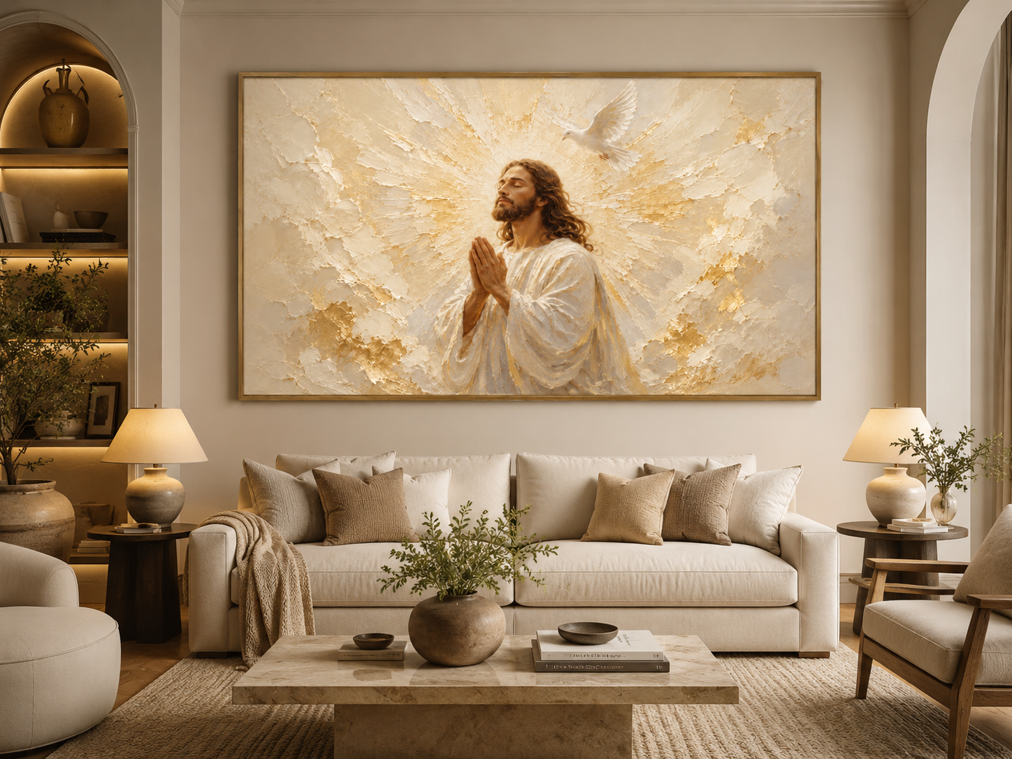 Quadro Decorativo Jesus Cristo em Oração com Pomba Branca Fundo Creme e Ouro
