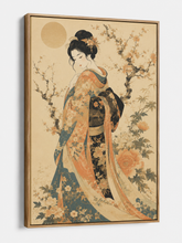 Quadro Decorativo Gueixa com Cerejeira em Flor e Lua Estilo Japonês Antigo