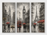 Kit Quadro Decorativo Cidades - Nova York, Londres e Paris em P&B com Vermelho - Conjunto 3 Peças