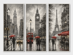 Kit Quadro Decorativo Cidades - Nova York, Londres e Paris em P&B com Vermelho - Conjunto 3 Peças