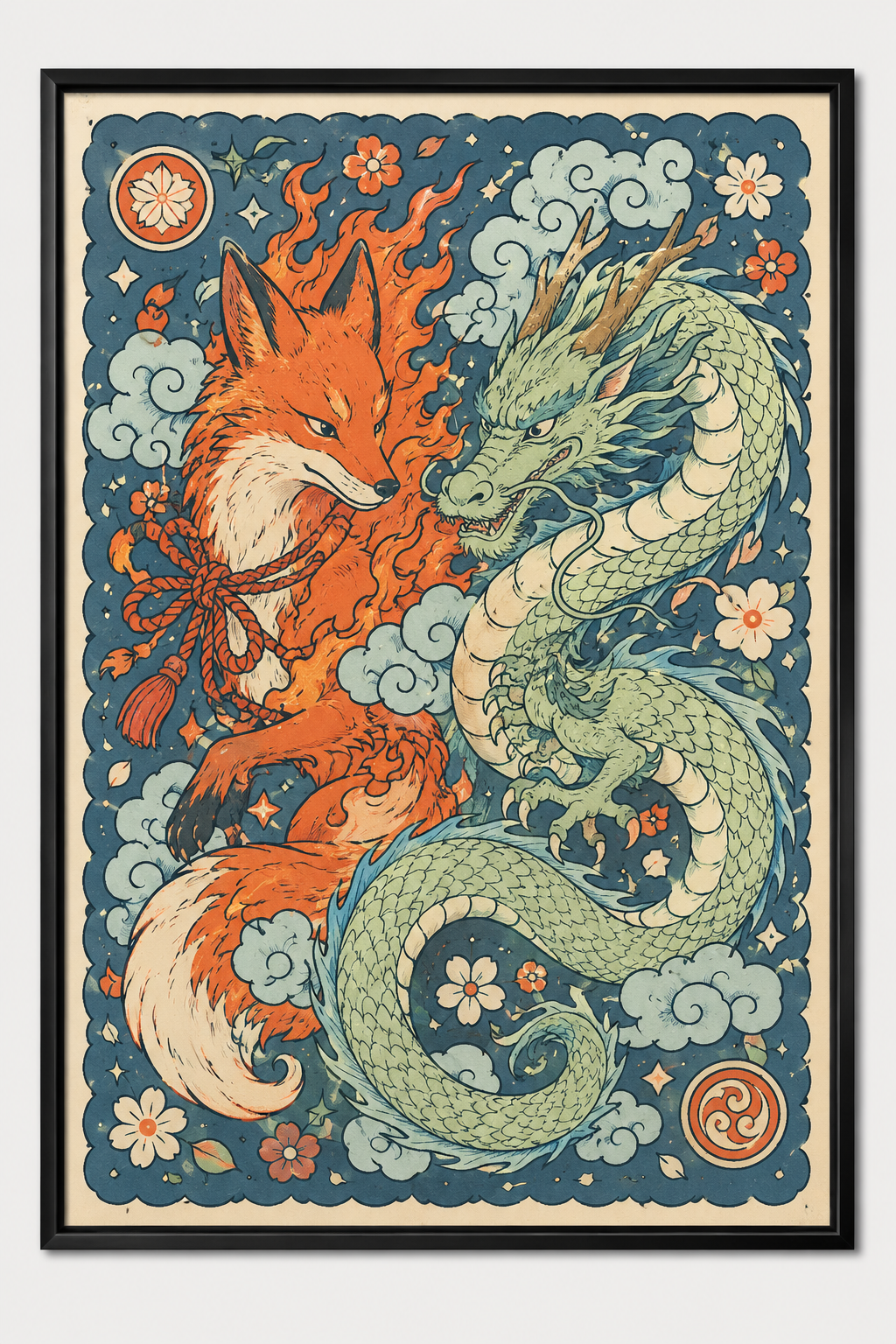 Quadro Decorativo Kitsune e Dragão Folk Art Japonês Colorido
