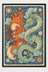 Quadro Decorativo Kitsune e Dragão Folk Art Japonês Colorido