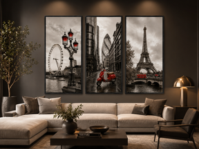 Kit Quadro Decorativo Cidades Europeias - Londres, Paris e Big Ben em Sépia - Conjunto 3 Peças