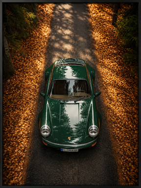 Quadro Decorativo Porsche 911 Clássico Verde Vista Aérea em Estrada
