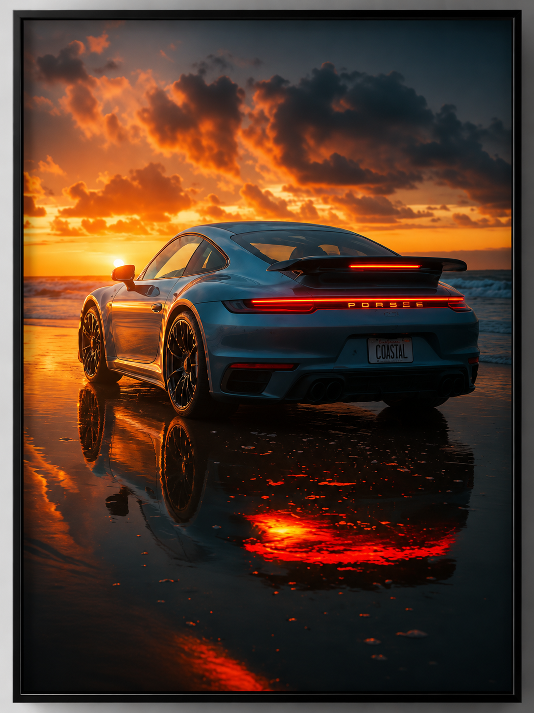 Quadro Decorativo Porsche 911 Turbo Azul na Praia ao Pôr-do-Sol