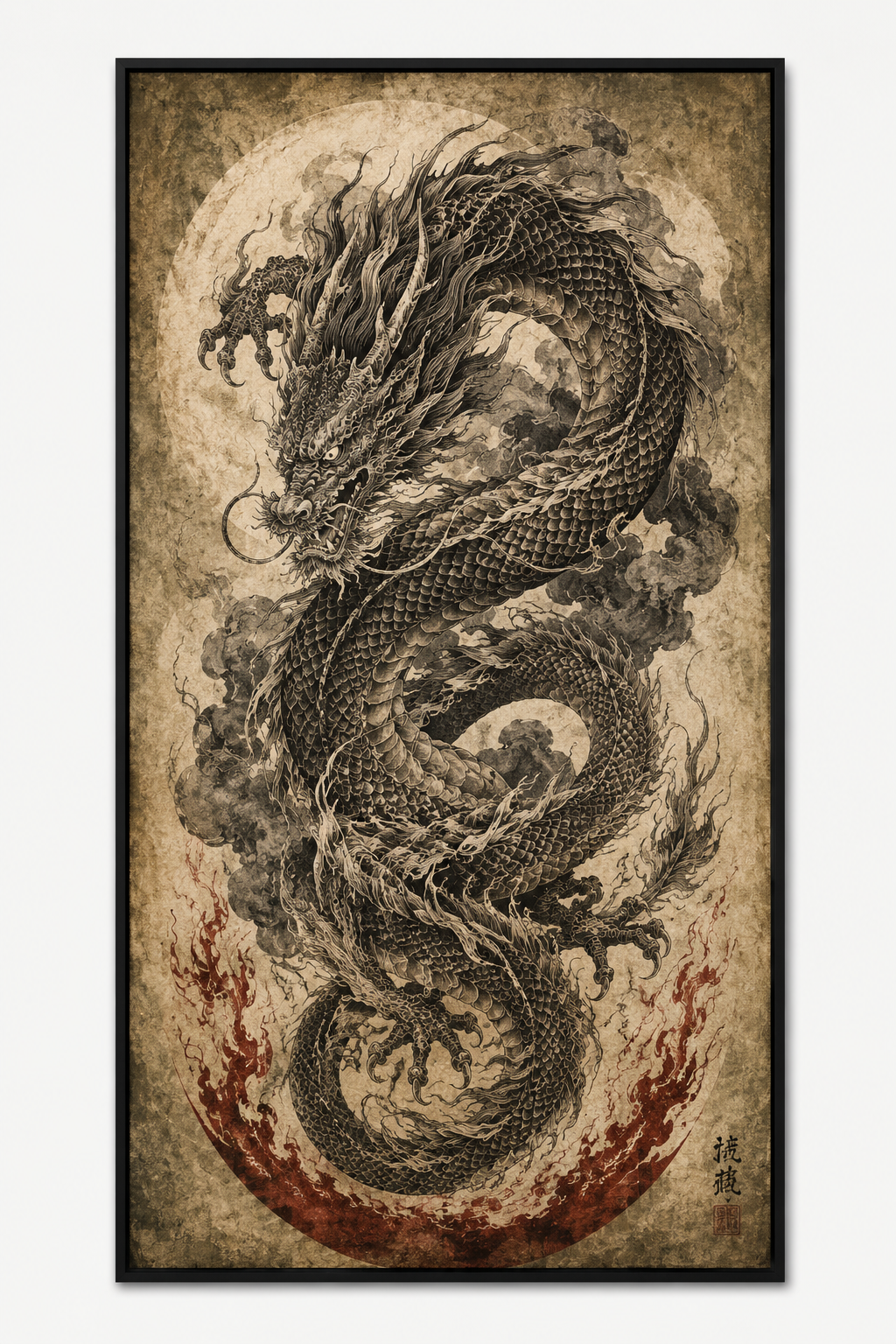 Quadro Decorativo Dragão Negro em Pergaminho Antigo com Chamas Vermelhas