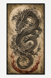 Quadro Decorativo Dragão Negro em Pergaminho Antigo com Chamas Vermelhas