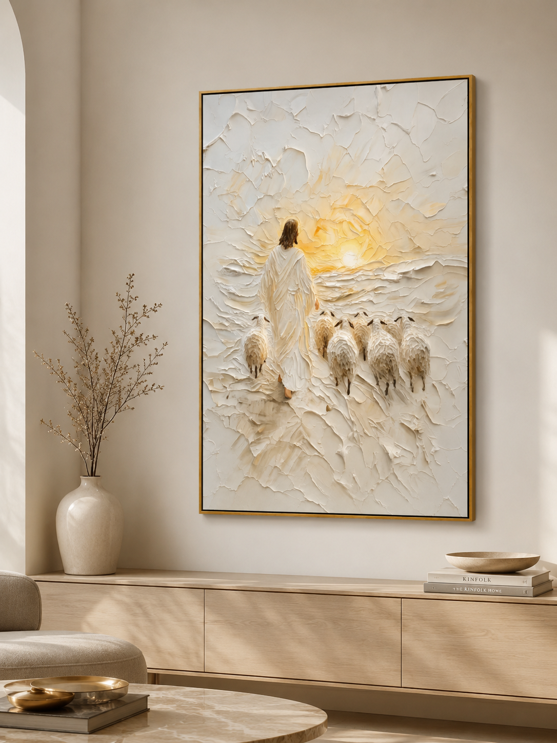 Quadro Decorativo Jesus Bom Pastor com Ovelhas ao Pôr-do-Sol Relevo Branco