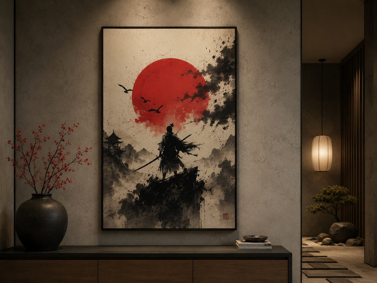 Quadro Decorativo Samurai Solitário em Penhasco com Lua Vermelha e Torii