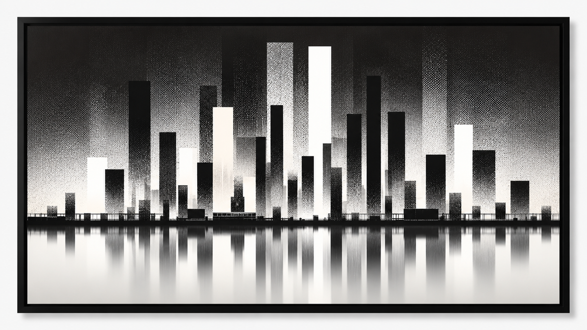 Quadro Decorativo Skyline Abstrata Urbana em Preto e Branco com Reflexo