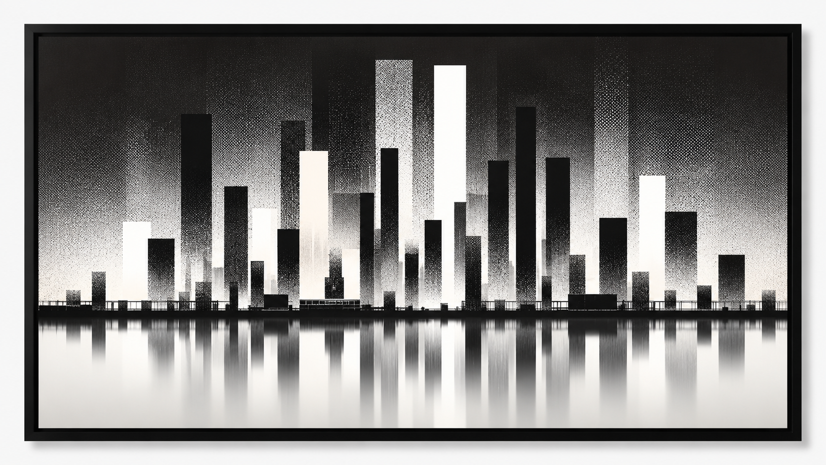 Quadro Decorativo Skyline Abstrata Urbana em Preto e Branco com Reflexo