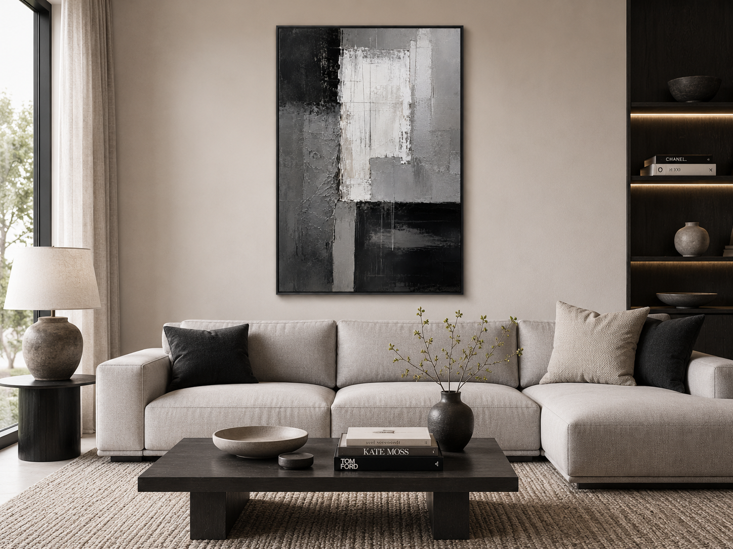 Quadro Decorativo Abstrato Blocos Texturizados Preto e Cinza