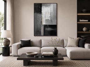 Quadro Decorativo Abstrato Blocos Texturizados Preto e Cinza