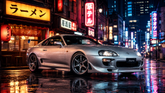 Quadro Decorativo Toyota Supra Prata nas Ruas de Tóquio com Neons