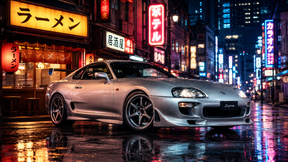 Quadro Decorativo Toyota Supra Prata nas Ruas de Tóquio com Neons