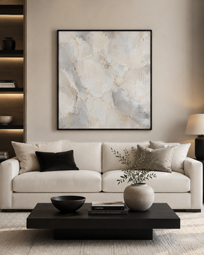 Quadro Decorativo Abstrato Mármore Branco com Veias Douradas