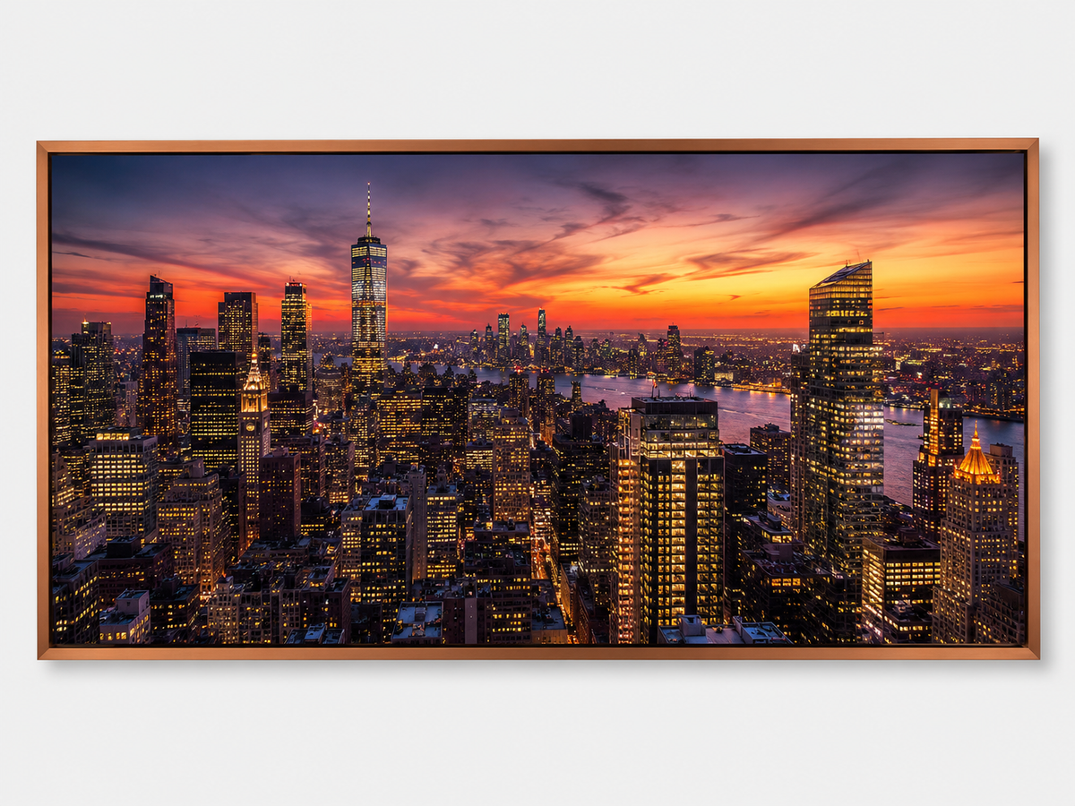 Quadro Decorativo Skyline Nova York Vista Aérea ao Pôr-do-Sol em Vermelho