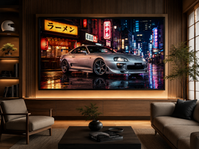 Quadro Decorativo Toyota Supra Prata nas Ruas de Tóquio com Neons