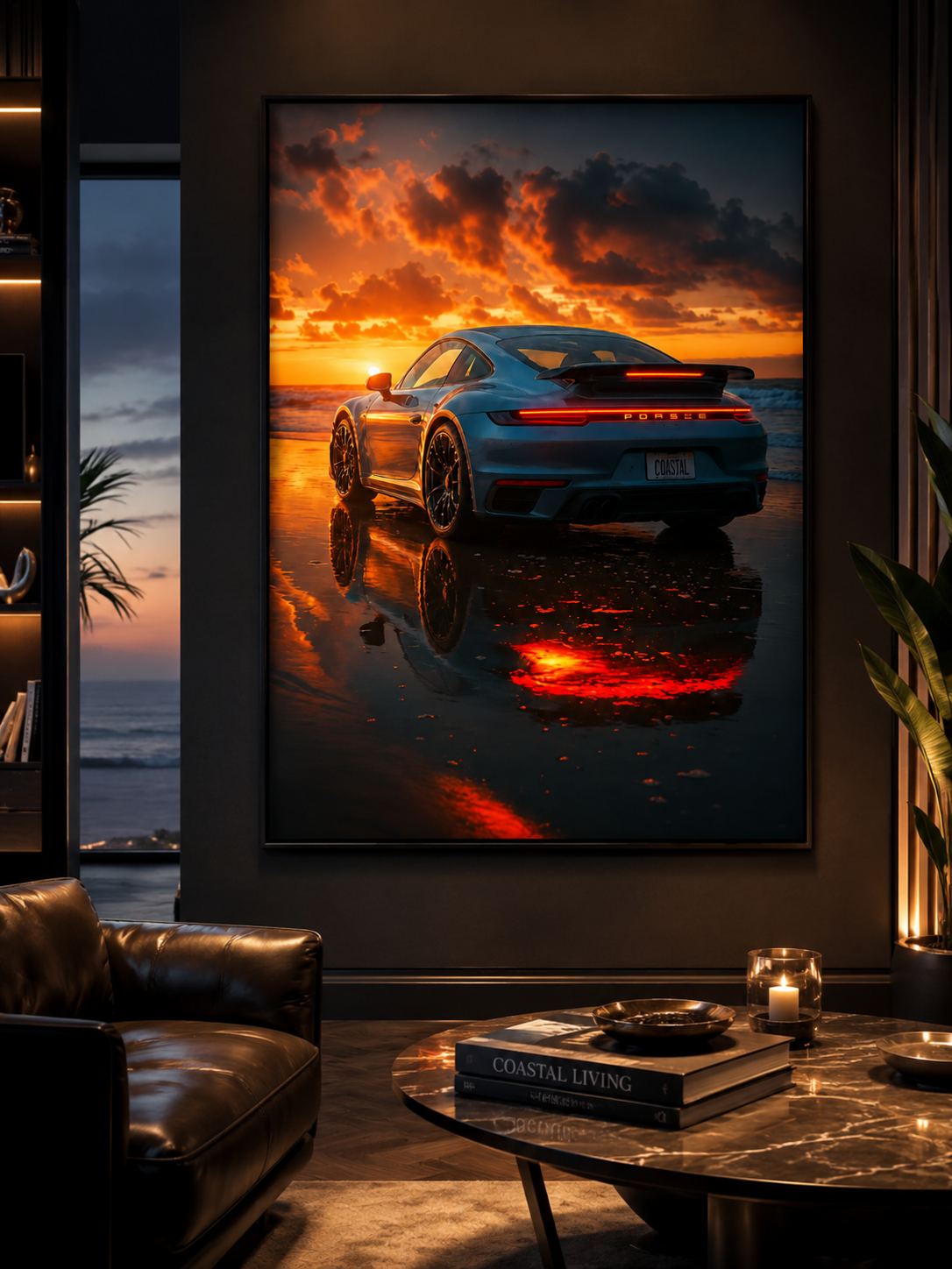 Quadro Decorativo Porsche 911 Turbo Azul na Praia ao Pôr-do-Sol