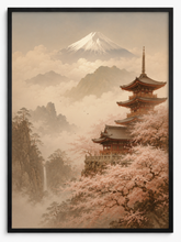 Quadro Decorativo Pagoda Japonesa com Cerejeira em Flor e Monte Fuji