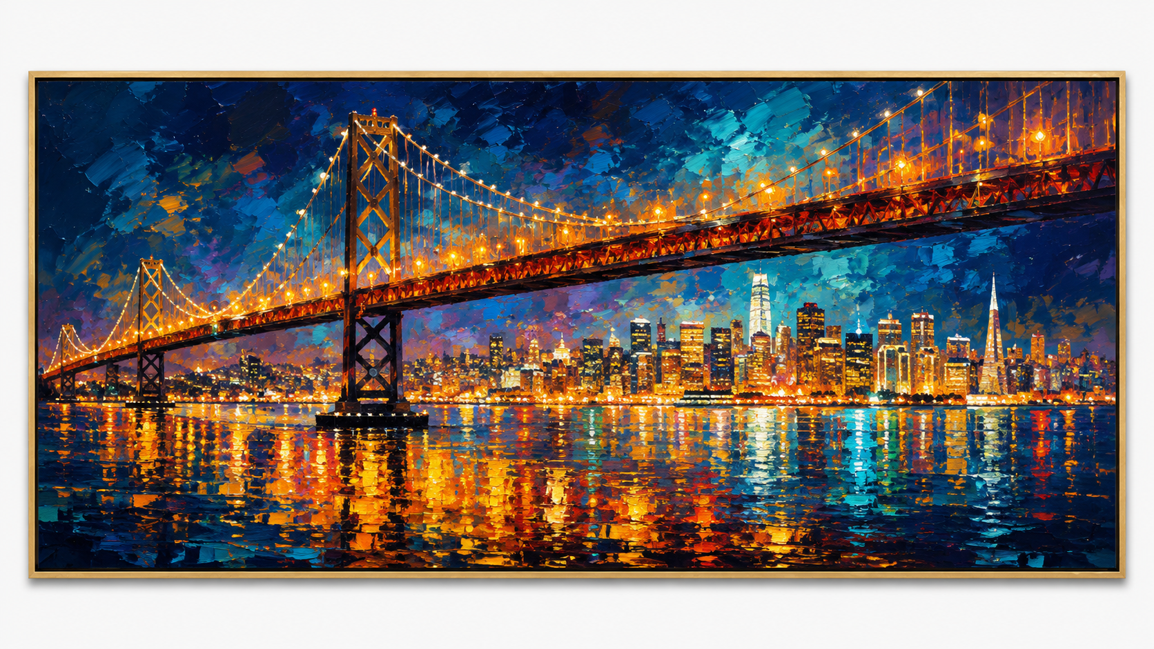 Quadro Decorativo Ponte com Skyline ao Fundo em Pintura Artística Noturna
