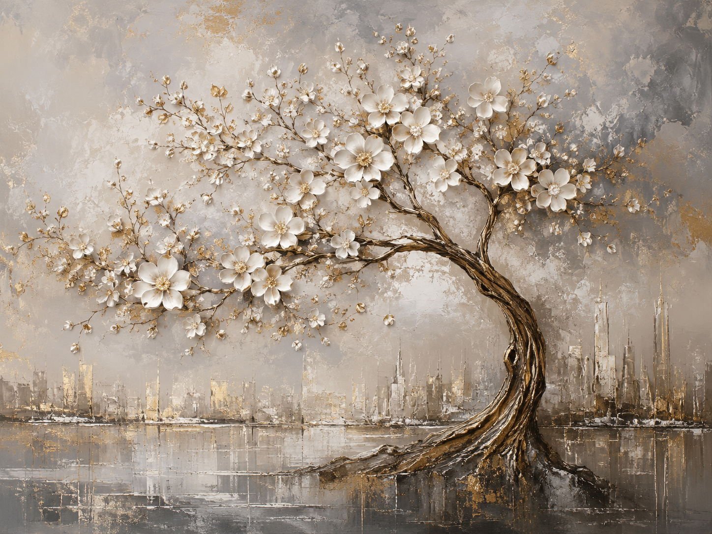 Quadro Decorativo Árvore da Vida Florida em Tons Prata e Dourado