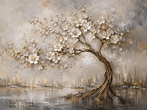 Quadro Decorativo Árvore da Vida Florida em Tons Prata e Dourado