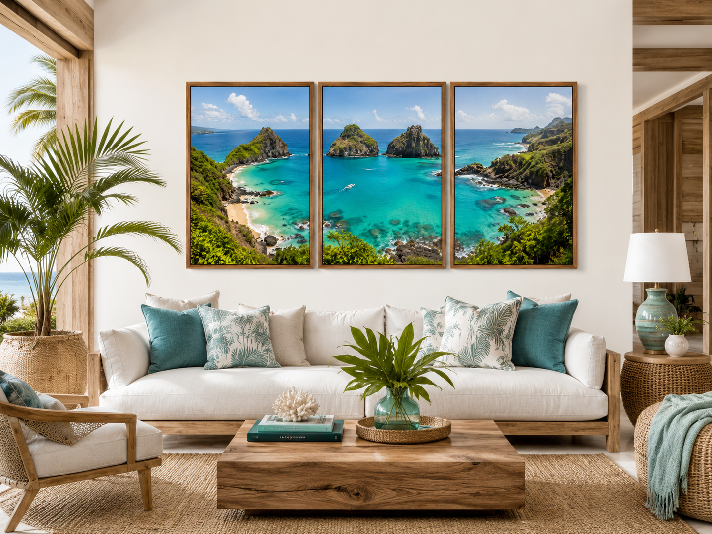 Kit Quadro Decorativo Fernando de Noronha - Morro dos Dois Irmãos e Baía Vista Aérea - Conjunto 3 Peças