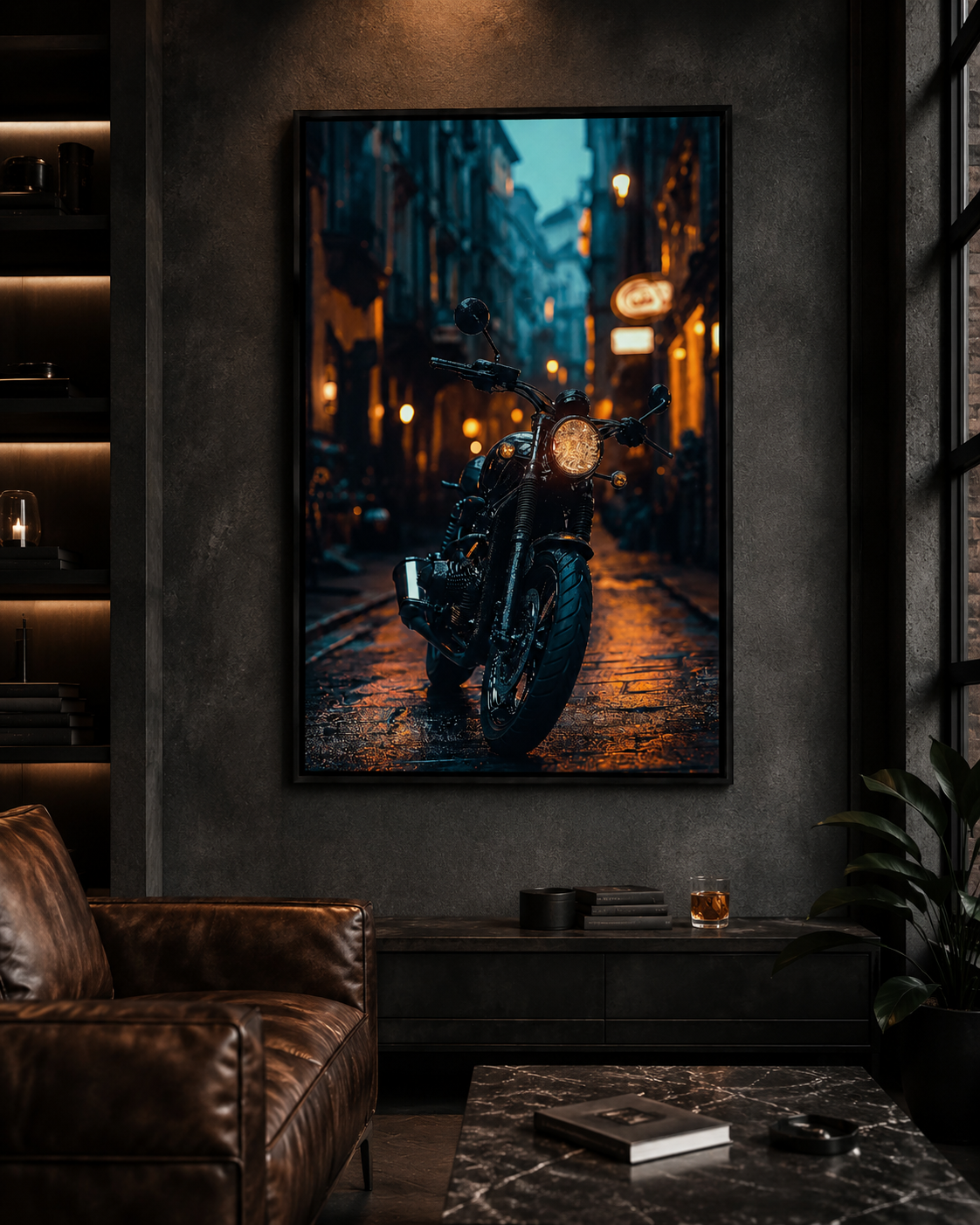Quadro Decorativo Moto Clássica em Rua Europeia à Noite