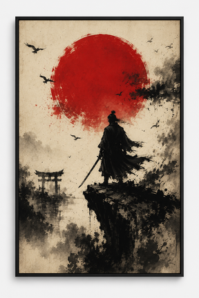 Quadro Decorativo Samurai Solitário em Penhasco com Lua Vermelha e Torii