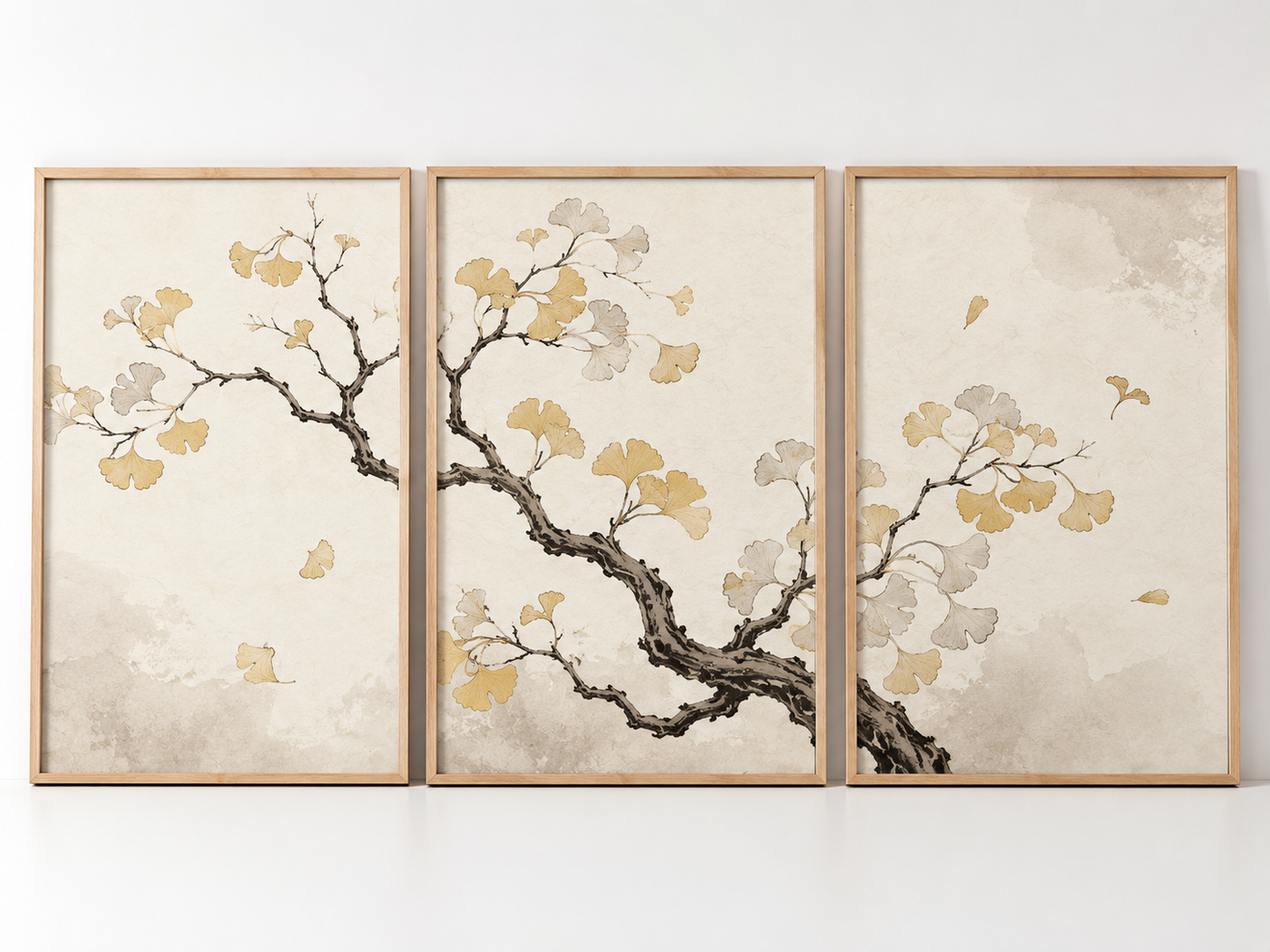 Kit Quadro Decorativo Árvore de Ginkgo com Folhas Douradas Estilo Oriental - Conjunto 3 Peças