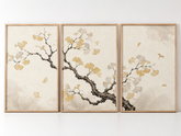 Kit Quadro Decorativo Árvore de Ginkgo com Folhas Douradas Estilo Oriental - Conjunto 3 Peças