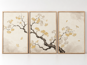 Kit Quadro Decorativo Árvore de Ginkgo com Folhas Douradas Estilo Oriental - Conjunto 3 Peças