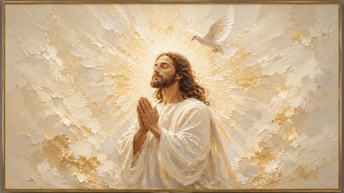 Quadro Decorativo Jesus Cristo em Oração com Pomba Branca Fundo Creme e Ouro