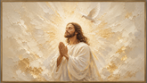 Quadro Decorativo Jesus Cristo em Oração com Pomba Branca Fundo Creme e Ouro