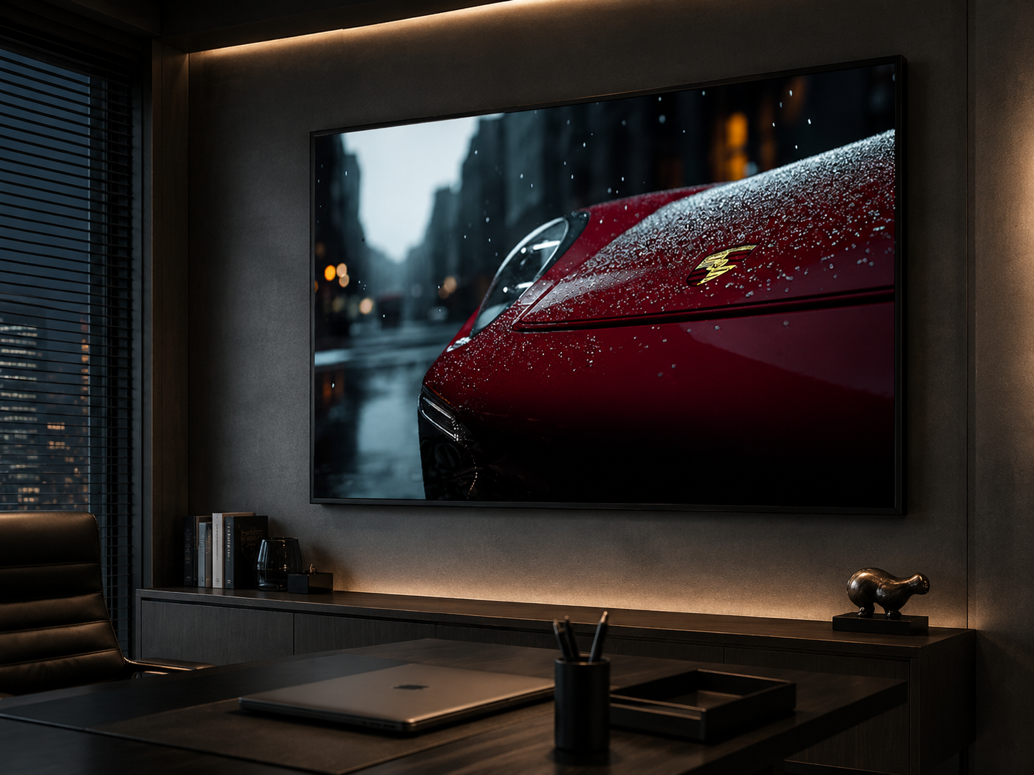 Quadro Decorativo Mazda RX-7 Laranja com Neons Roxos Cena Noturna