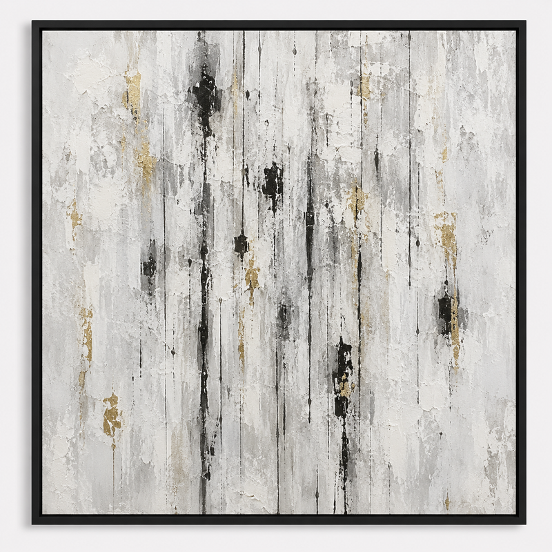 Quadro Decorativo Abstrato Pinceladas Douradas e Manchas Brancas