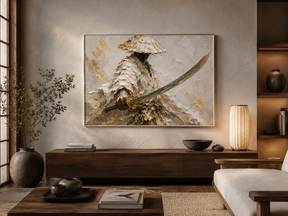 Quadro Decorativo Samurai Branco com Katana em Relevo Textural Dourado