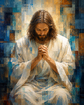 Quadro Decorativo Jesus Cristo em Oração Mosaico Azul e Dourado