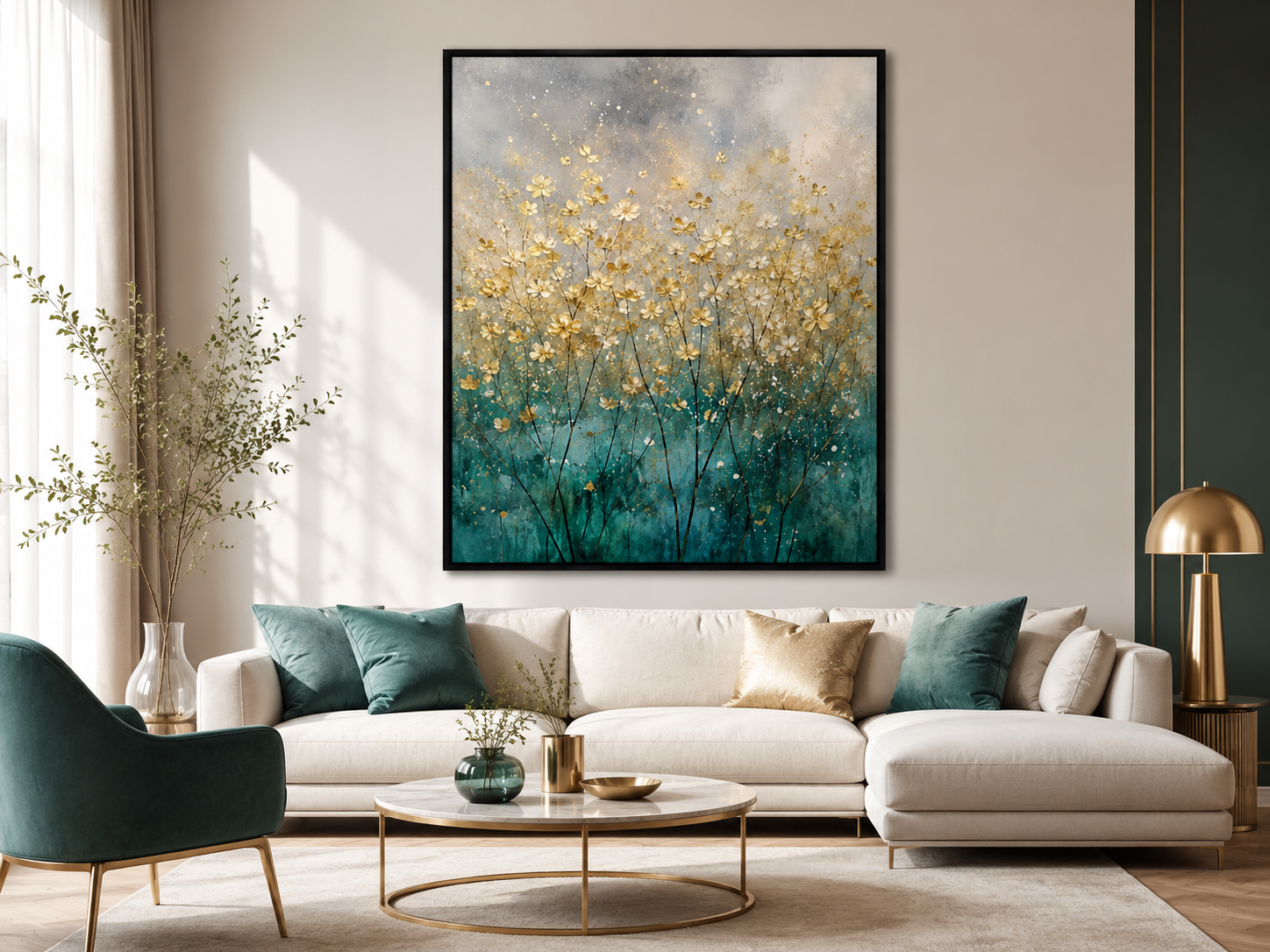 Quadro Decorativo Abstrato Campo Dourado Florescente em Teal