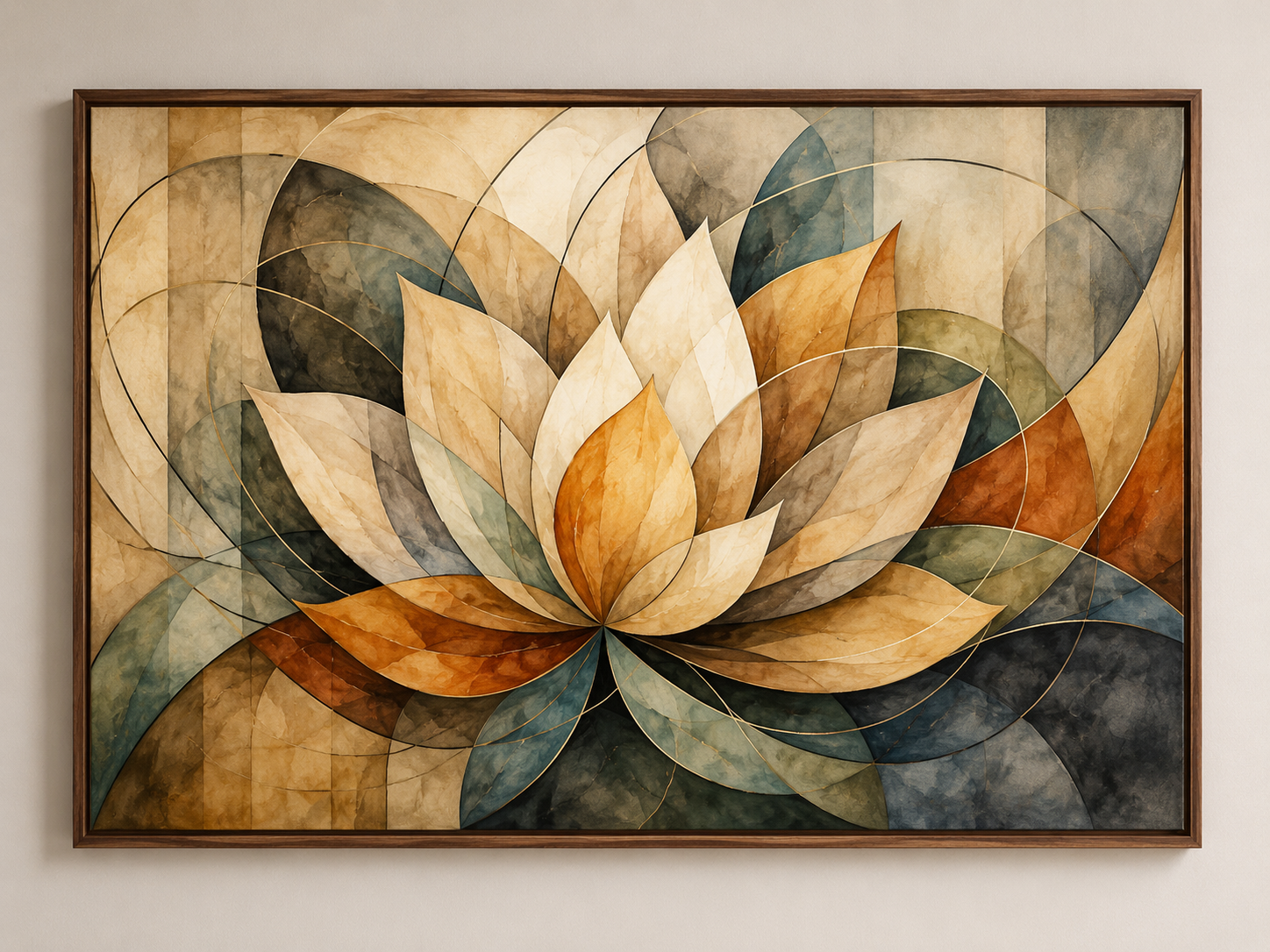 Quadro Decorativo Abstrato Flor de Lótus em Aquarela Tons Terra