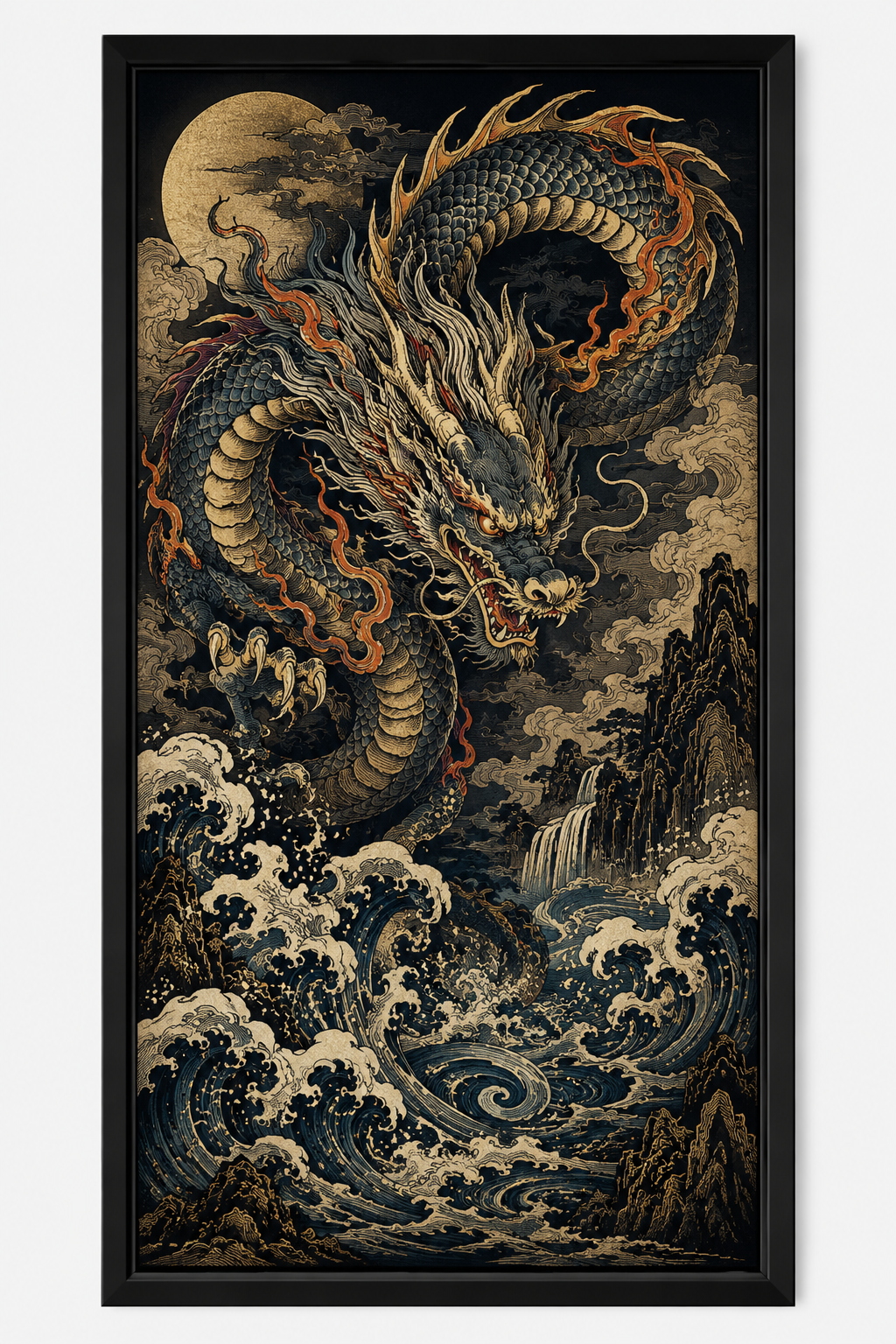 Quadro Decorativo Dragão Japonês nas Ondas com Lua Estilo Ukiyo-e Escuro