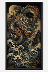 Quadro Decorativo Dragão Japonês nas Ondas com Lua Estilo Ukiyo-e Escuro