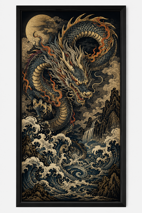 Quadro Decorativo Dragão Japonês nas Ondas com Lua Estilo Ukiyo-e Escuro