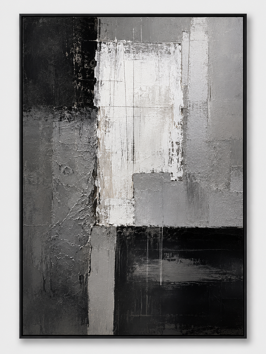 Quadro Decorativo Abstrato Blocos Texturizados Preto e Cinza